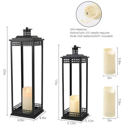 Large Lanterns Decorative Indoor, 2 Pcs Black Floor Lanterns with Candles - size: 23in and 17in