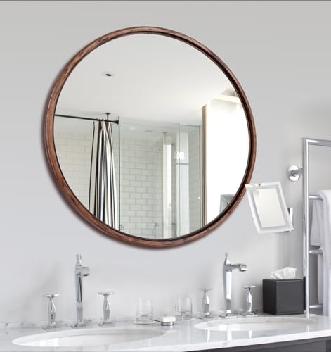 Round Solid Oak Wood Mirror, 24x24 Inch Medium Size, Walnut Frame, Modern Decorative Wall Makeup Mirror for Bathroom, Bedroom, Living Room(Walnut, 24" x 24") - color: Walnut