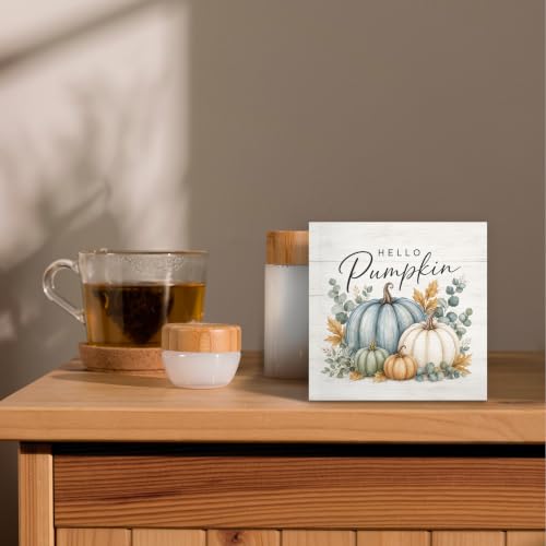 Fall Pumpkin Eucalyptus Botanical Wood Box Sign Desk Decor 5X5 - color: Dusty Blue & White