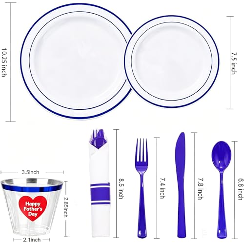 WELLIFE 210 Piece Blue Disposable Dinnerware Set,Plastic Plates for Party, Include: 30 Dinner Plates, 30 Dessert Plates, 30 Pre Rolled Napkins with Gold Silverware and 30 Gold Cups - color: Blue, style: 210PCS（30 Guests）