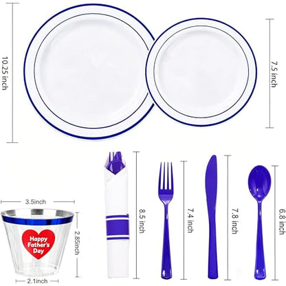 WELLIFE 210 Piece Blue Disposable Dinnerware Set,Plastic Plates for Party, Include: 30 Dinner Plates, 30 Dessert Plates, 30 Pre Rolled Napkins with Gold Silverware and 30 Gold Cups - color: Blue, style: 210PCS（30 Guests）