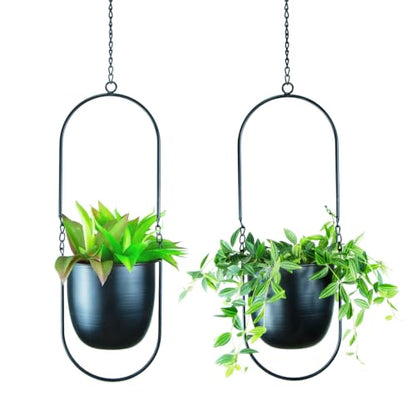 Modern Metal Hanging Planters with 6 Inch Pots and Sleek Chains - Set of 2 Oval Geometric Plant Hangers - Black Wall and Ceiling Mount Flower Holders for Indoor Décor - size: OVAL-6 INCH POT-V2