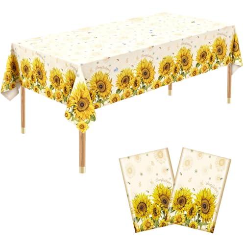 Sunflower Cartoon Party Tablecloth, 2 Pack Disposable Plastic Tablecloth for Party Supplies, 54 x 108 Inch Rectangular Table Cover for Birthday Parties, Decorative Table Cloth for Gatherings Dinner - color: Sunflower