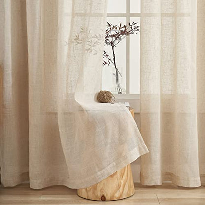 Demetex Beige Linen Sheer Curtains 63 inch Length Natrual Linen Semi Curtains Window Curtain Panels for Bedroom Lving Room Patio Windows, Set of 2, 54 x 63 inches Long, Beige - color: Linen, size: 54"W x 63"L (Pack of 2)