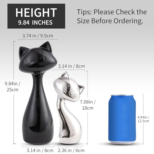 SURE YUESI Ceramic Cat Statue Set of 2, Black & Silver Cute Cat Figurines, Desk & Shelf Decor for Cat Lovers, Office Home Decor, Lucky Cat Memorial Gift for Women