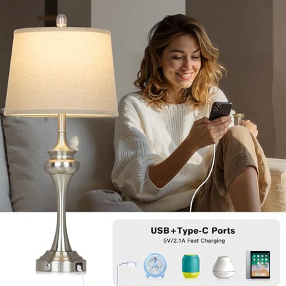 Rinweey 30" Silver Table Lamps Set of 2, 3 Way Touch Control Living Room Lamp with USB A+C Ports, Modern Brushed Nickel Bedroom Lamps, Tall Metal Bedside Lamp for Nightstand Desk Side Table Office - color: Silver-30”H