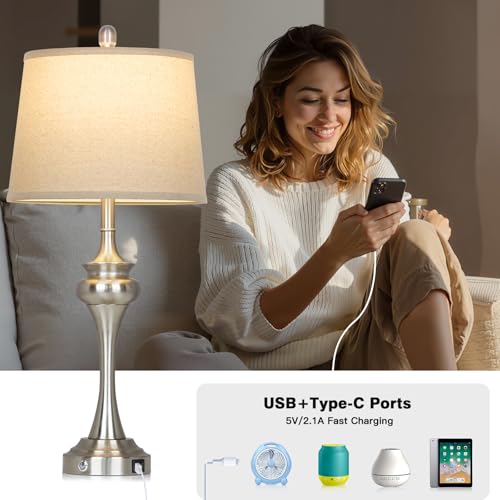 Rinweey 30 inch Silver Table Lamp Single, 3 Way Touch Control Bedside Lamp with USB A+C Ports, Modern Brushed Nickel Bedroom Lamps for Nightstand, Tall Metal Living Room Lamps for Side Table Office - color: Silver-30"H-1PK