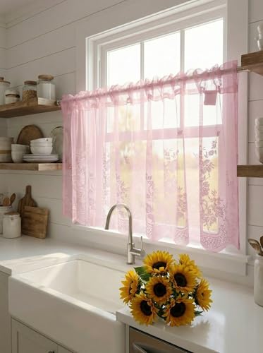 Molaxhome Kitchen Curtains Valance Pink Lace Floral Semi Sheer Curtain - color: Pink, size: 54"W x 24"L (Pack of 1)