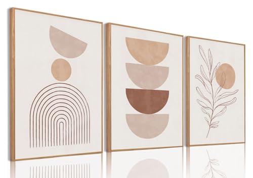 Boho Abstract Line Leaf Framed Canvas Wall Art Set of 3, 16x24 inch - color: Boho Beige, size: 16"x24"Natural