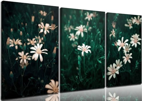 CHTEXA Dark Green Daisy Canvas Wall Art, 3 Piece Gallery Wrapped Set, 12x16 - color: Three-petaled white flowers-6, size: 12x16 inch