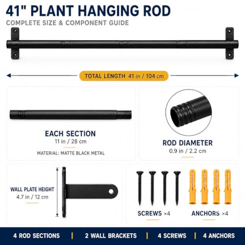 Window Plant Hanger for Indoor Plants, 41 Inch Adjustable Hanging Plant Rod, Wall or Ceiling Mount Space-Saving Herb Garden Rack, Black, Pots Not Included(Without Flower Pot) - size: 40in-pole