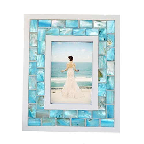 Beach Theme Picture Frame, 3.5x5 inch, Blue | Turquoise Mosaic, Mother of Pearl, Tabletop or Wall, 1pc - color: Blue, size: 3.5x5 Inch