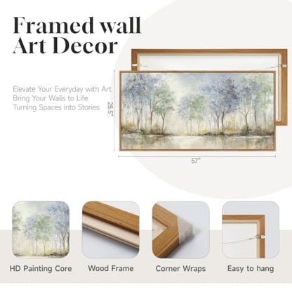 Framed Abstract Neutral Forest Landscape Wall Art for Living Room, 60x30 In - color: Blue and Green