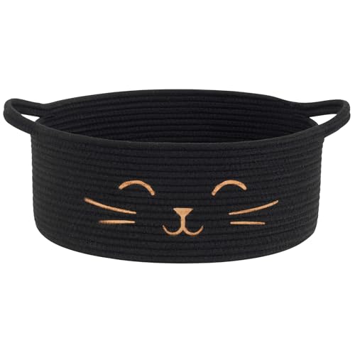 Medium Woven Rope Cat Toy Basket with Cat Face, Black - color: Black, size: 13.8"W x 6"H
