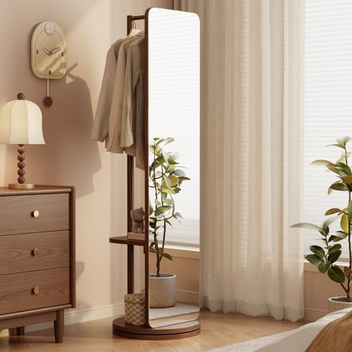 WoodsWhisper Full Length Mirror Coat Rack Solid Wood Floor Mirror 66"x12" Full Length Mirror with Stand Long Mirrors for Bedroom,Living Room (Deep Walnut, 70" L x 16" W) - color: Deep Walnut, size: 70"L x 16"W