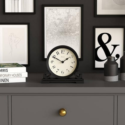 JONES CLOCKS® Saloon Mantel Clock | Small Traditional Double Scroll Design | Black | Contemporary Classic Style for Desk, Table, Shelf or Bedside - color: Black
