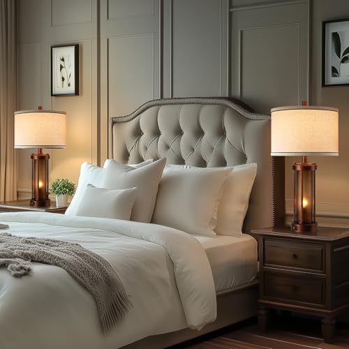 RORIA Set of 2 Farmhouse Table Lamps for Living Room with 2 USB Ports - color: Red Bronze