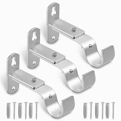 Adjustable Curtain Rod Brackets, Metal Window Drapery Rod Hanger Holders Hooks for 1 inch Rods (Satin Silver, Set of 3) - color: Satin Silver, size: Set of 3