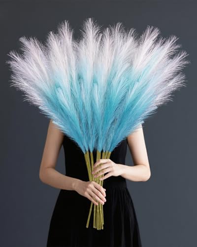 8 Pcs 35.4" Blue Gradient Faux Pampas Grass, Tall Pampas Grass Vase Filler - color: Blue, size: 35.4inch-8Pcs