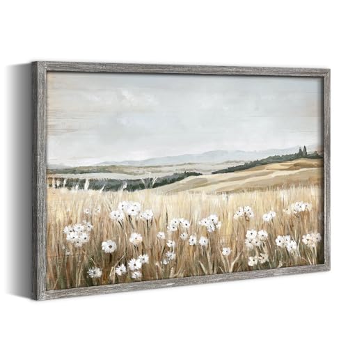 summer melody Landscape Framed Wall Art Rustic Wood Decor 24x16 Inch | Wildness Scenery, Countryside Picture, Natural Floral Painting, Farmhouse Style Ptints, Country Artwork for Bedroom, Entryway - color: Brown, size: 24"L x 16"W