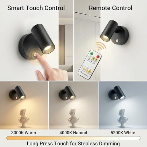 Magnetic Rechargeable Picture Light 2 Pack, Wireless Art Spotlight with Remote & Touch Control, 3 Color Temps Dimmable Wall Light, 2000mAh Battery Accent Lighting for Painting, Gallery, Display - color: Black