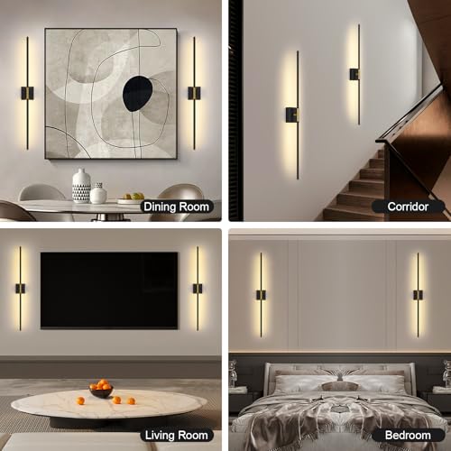 Battery Operated Wall Sconce Set of Two with Remote Control, 3000K-6000K Dimmable Black Gold Wall Lights, Timable LED Wireless Wall Sconces, 350° Ratate for Bathroom, Living Room, 39.4 Inch - color: Black & Gold, size: 39.4in(2 Pack)