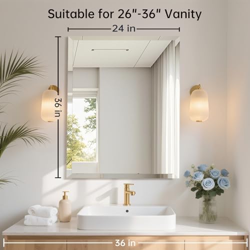 24x36 Inch Rectangle Frameless Mirror, Beveled Bathroom Mirror - size: 36"L x 24"W