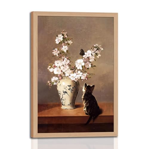 Framed vintage cat wall art Cat and Cherry Blossom Still Life Art Prints for Bedroom Living Room Kitchen Hallway Entryway, Retro Floral Country Decor, 12x16Inch - color: Floral Vase Painting with Cat and Butterfly, size: 12"L x 16"W