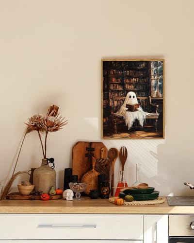 ARPEOTCY Vintage Framed Canvas Wall Art, 12x16inch, Vintage Library Ghost Wall Decor, Dark Academia Art Prints Home Decorations, Moody Halloween Paintings for Living Room Bedroom Office Decor - color: Read a Book, size: 16"L x 12"W