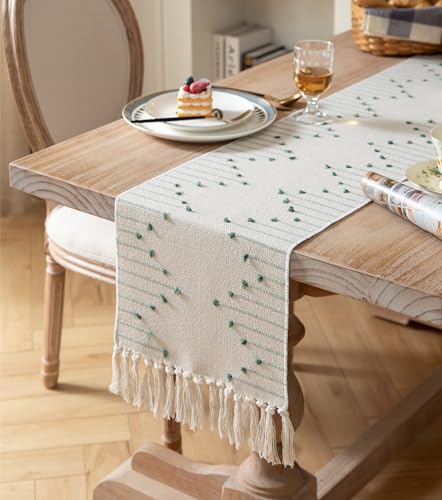 Caflife Green Beige Cotton Linen Rustic Boho Table Runner 13x48 Inch Long - color: Green Beige, size: 13x48Inch