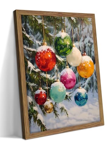 Vintage Framed Christmas Wall Art, Christmas Balls on the Christmas Tree Picture Decorations, Winter Holiday Wall Decor, Christmas Balls Canvas Prints for Bedroom, Christmas Gifts – 12x16in - color: Christmas Balls, size: 16"L x 12"W