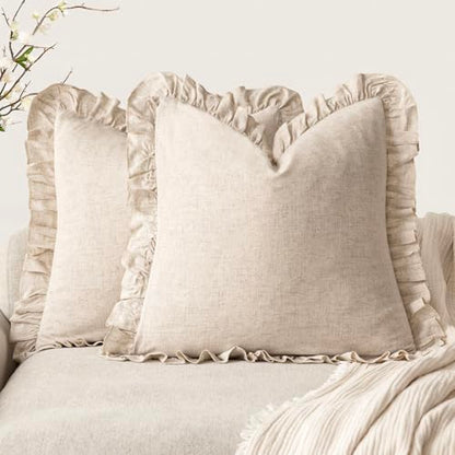 Foindtower Linen Fringe Ruffle Throw Pillow Covers 18×18 Inch Natural Beige - color: Natural Beige, size: 18" x 18" (Pack of 2)