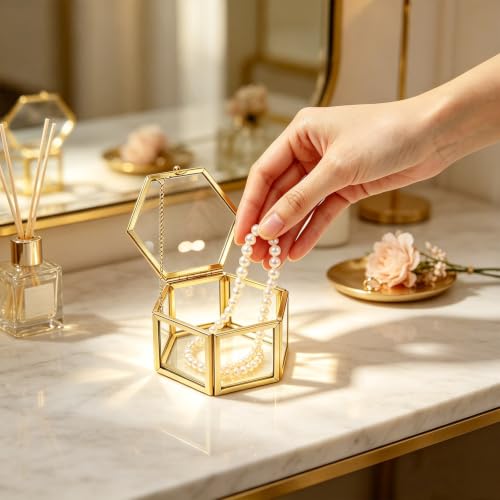 2Pcs Glass Jewelry Boxes with Lids, Gold Star & Hexagon Trinket Boxes
