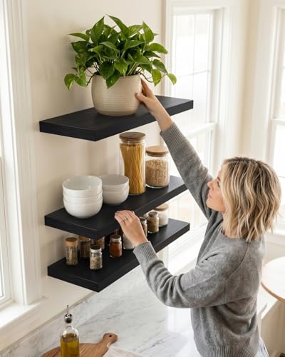 Solid Wood Floating Shelves for Wall – 16 Inch Floating Shelf for Kitchen, Bedroom, Living Room, Bathroom - Mounted Bathroom Shelves with Invisible Brackets (Black, 3 Pack)