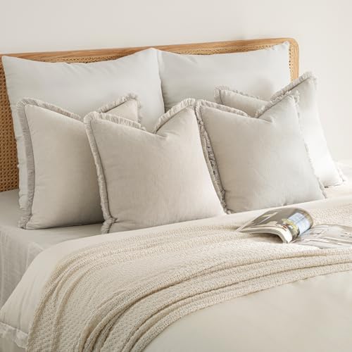 MIULEE Fall Linen Fringe Pillow Covers Set of 4 18x18 Neutral Beige - color: Neutral Beige, size: 18" x 18" (Pack of 4)