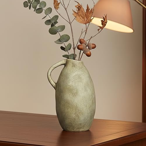 Rustic Ceramic Vase with Handle, 10.3 Inch, Handmade Decor, Beige - color: Beige