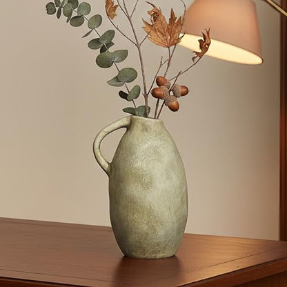 Rustic Ceramic Vase with Handle, 10.3 Inch, Handmade Decor, Beige - color: Beige