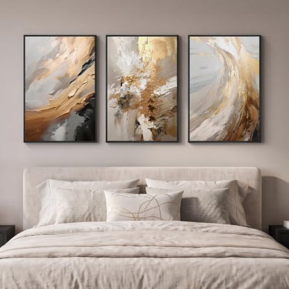 Large Framed Neutral Luxury Abstract Wall Art, 3 Piece Set, Each 20x30 In - color: Neutral Gold Accents, size: 20" W x 30" H x 3pcs
