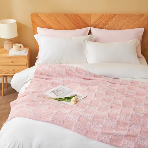 Snuggle Sac Faux Fur Pink Checkered Blanket Twin Size with Soft Knitted Microfiber Fabric,Cozy Soft Warm Blanket for Sofa Bedroom Living Room,Solid Pink,60x80 inches - color: Solid Pink, size: Twin(60"x80")