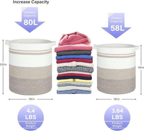 80L Foldable Cotton Rope Laundry Hamper, Oversized Woven Storage Basket with Sturdy Handles for Blankets Toys Nursery, Triple Brown Earth Tone