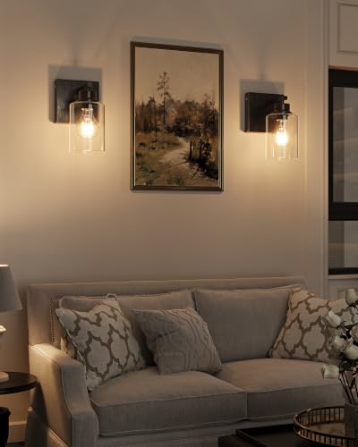 Rayogale Wireless Battery Operated Wall Sconce Set of 2 with Remote Control | Retro Industrial Black Brass Dimmable Easy Install Rechargeable Wall Light with Timer for Living Room Bedroom Emergency 3000K - color: Retro Black Brass(Clear Lampshades)