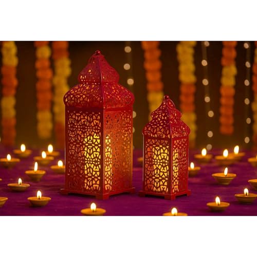 VELA LANTERNS Large Temple Moroccan Lantern Lamp Decorative Candle Holders for Ramadan Decorations, Hanging, Outdoor Patio or Porch, Indoor Home Decor, Red, Set of 2 - color: Red, size: 11" and 15"
