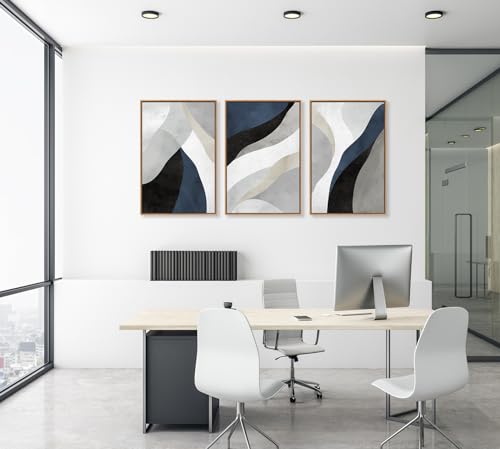 Large Abstract Framed Wall Art, Modern Blue Grey Canvas Pictures, 16"X24"X3 - color: Navy, size: 16" X 24" X 3pieces Framed