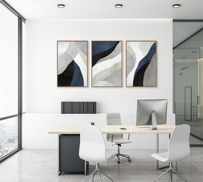 Large Abstract Framed Wall Art, Modern Blue Grey Canvas Pictures, 16"X24"X3 - color: Navy, size: 16" X 24" X 3pieces Framed