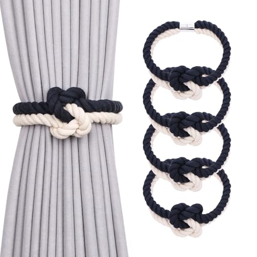 NICEEC Cotton Rope Magnetic Curtain Tiebacks, 4 Pack, Dark Blue & Beige - color: Dark Blue & Beige, size: 4 Pack