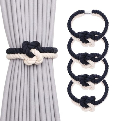 NICEEC Cotton Rope Magnetic Curtain Tiebacks, 4 Pack, Dark Blue & Beige - color: Dark Blue & Beige, size: 4 Pack