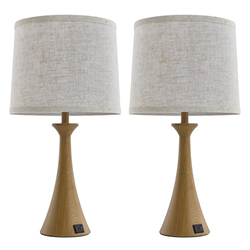 Touch Table Lamps Set of 2, 21" Bedside Lamps with USB C+A - color: Wood Grain