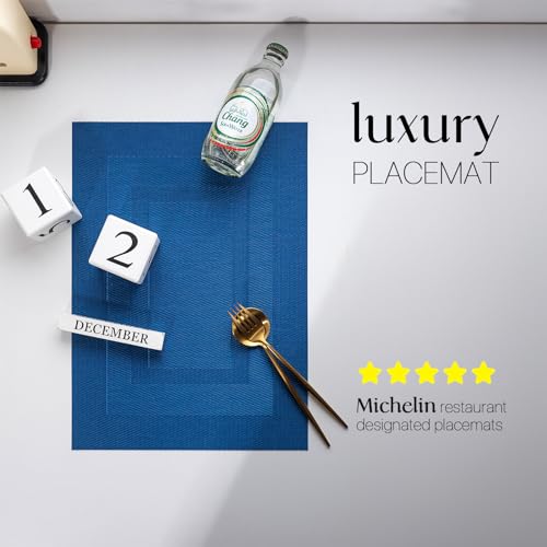 LEXMORE Placemats Set of 6 Vinyl/Plastic Woven Place Mats for Kitchen Table Indoor/Outdoor Washable Placemat Wipeable Dining Table Mats(Navy Cube) - color: G-navy Cube