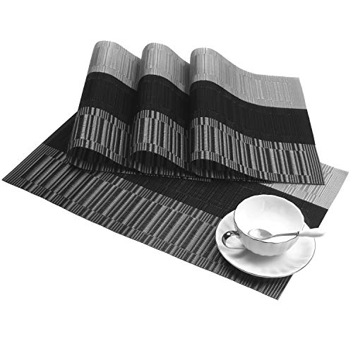 SHACOS Woven Vinyl Placemats for Dining Table Set of 6 Non Slip PVC Bamboo Basket Weave Table Place Mats (6, Ombre Black Gray) - color: Ombre Black Gray, size: Set of 6