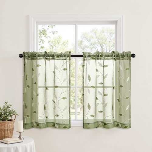 MIULEE Sage Green Sheer Curtains 2 Panels Leaf Patterned, W30 x L24 - color: Sage Green, size: 30"W x 24"L (Pack of 2)